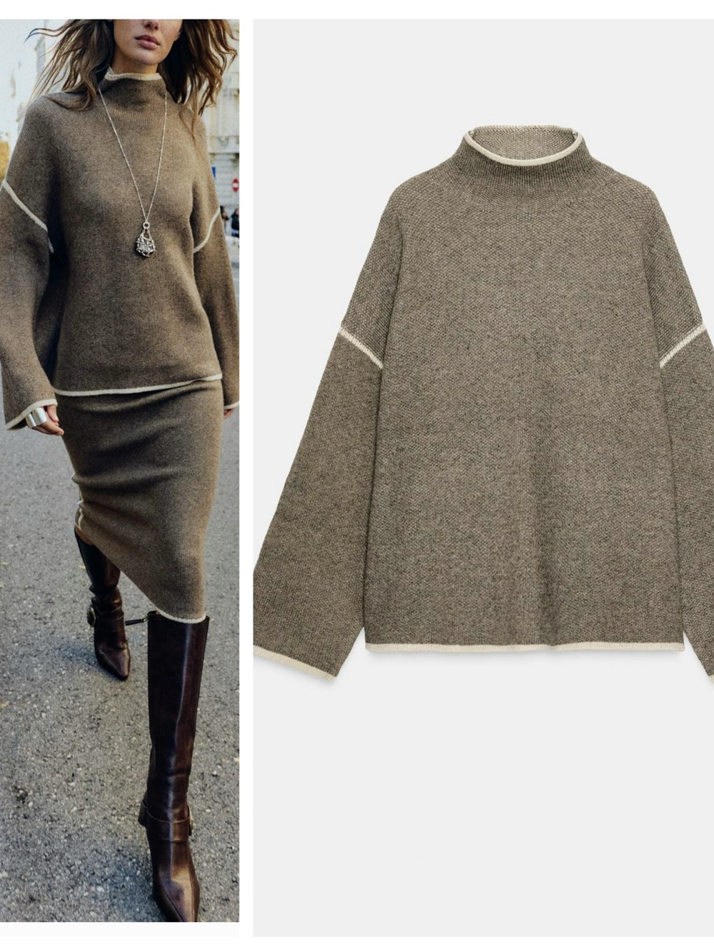 ZARA wool blend contrast piping knit sweater